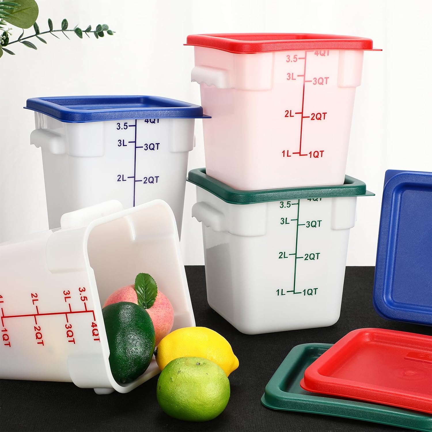 6 Pieces 4 Quart Commercial Food Storage Containers with Lid Translucent Container with 3 Color Lids for Freezer Flour Sugar Baking Bread Restaurant, Square