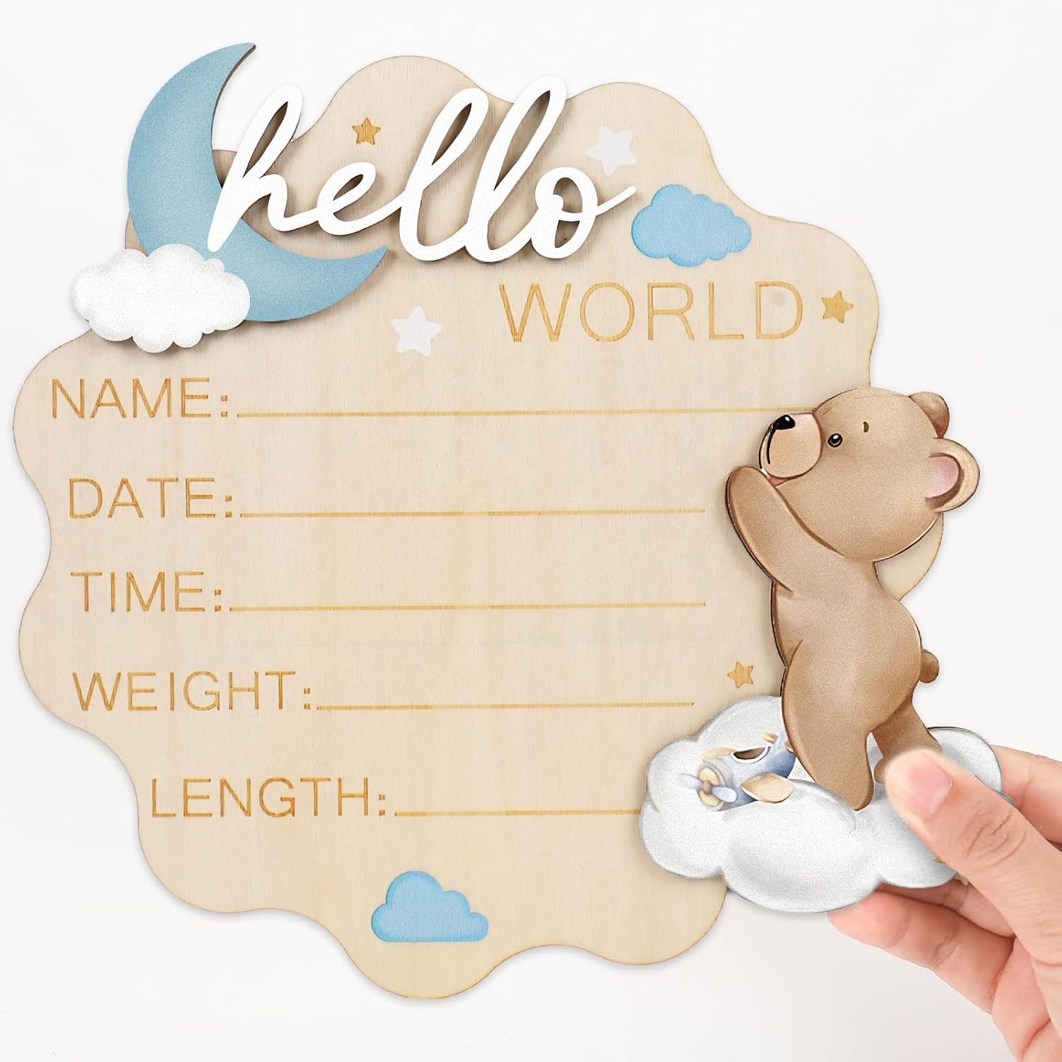 FYSUIMU Bear Theme Birth Announcement Sign Hello World Newborn Sign Cute Blue Bear Newborn Milestone Wooden Board for First Birthday Baby Shower Photo Prop Keepsake