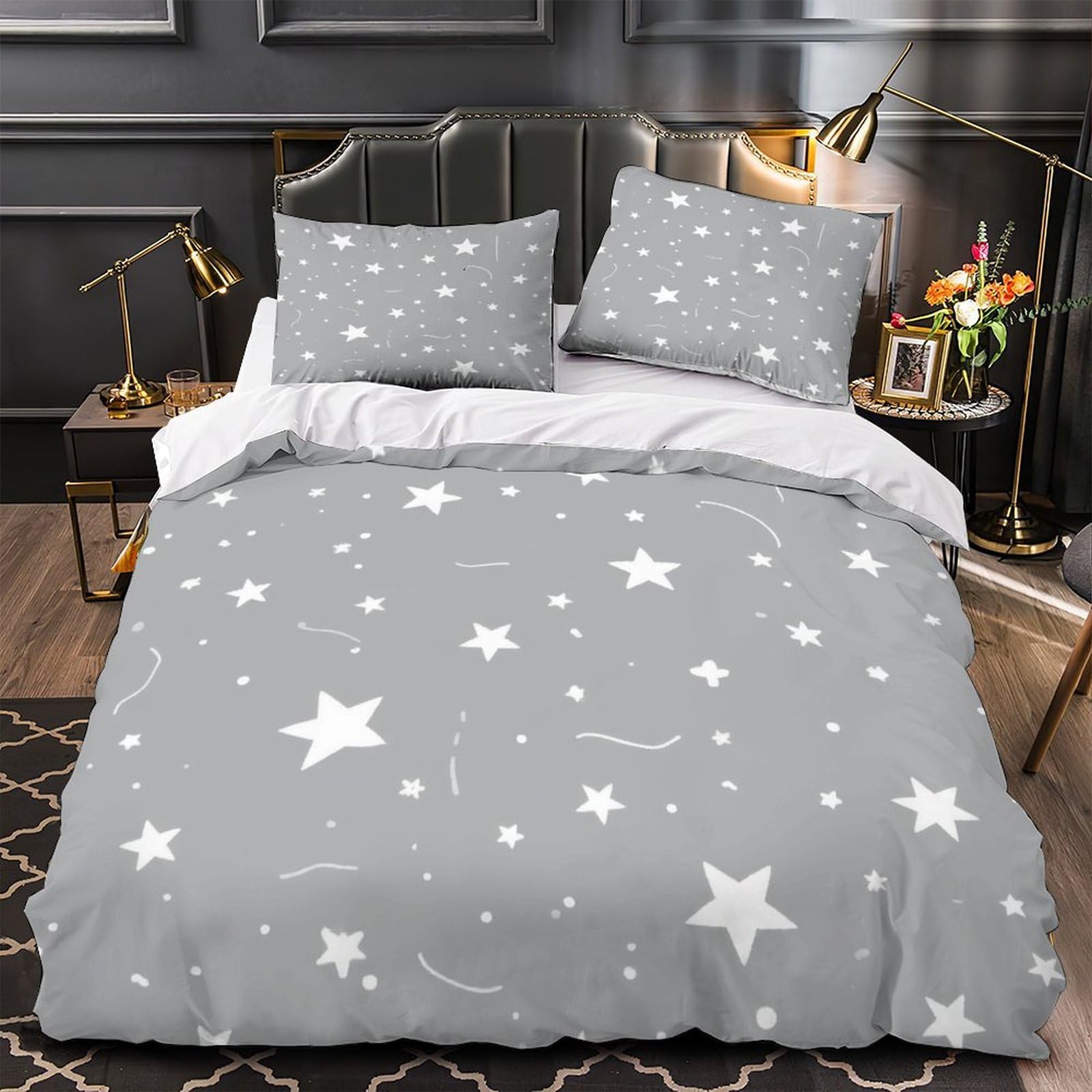 Parure de lit 3 pièces microfibre blanche King 220x240 cm avec 2 taies d'oreiller motif étoiles 3D