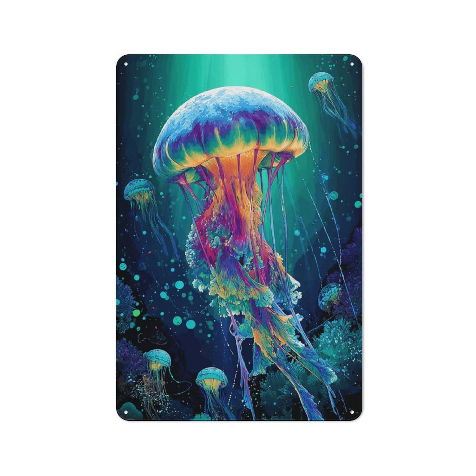 Junmoney Colorful Jellyfish Underwater Scene-2 Tin Sign With Design 30X20cm, Vintage Workshop Wall Decor For Tool Room, Garage, Studio Or Home Bar