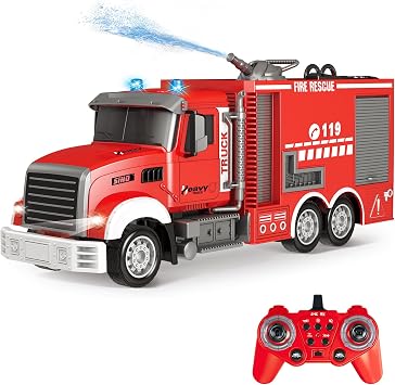 RC Fire Truck Toy - Remote Control Toy Fire Truck - Rescue Fire Engine 11 CH with Rotating Water Spraying Pump Lights Sounds 2.4G Firetruck Toy for Kids Boys