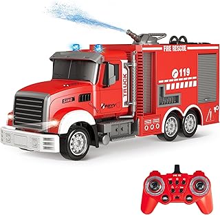 RC Fire Truck Toy - Remote Control Toy Fire Truck - Rescue Fire Engine 11 CH with Rotating Water Spraying Pump Lights Sounds 2.4G Firetruck Toy for Kids Boys