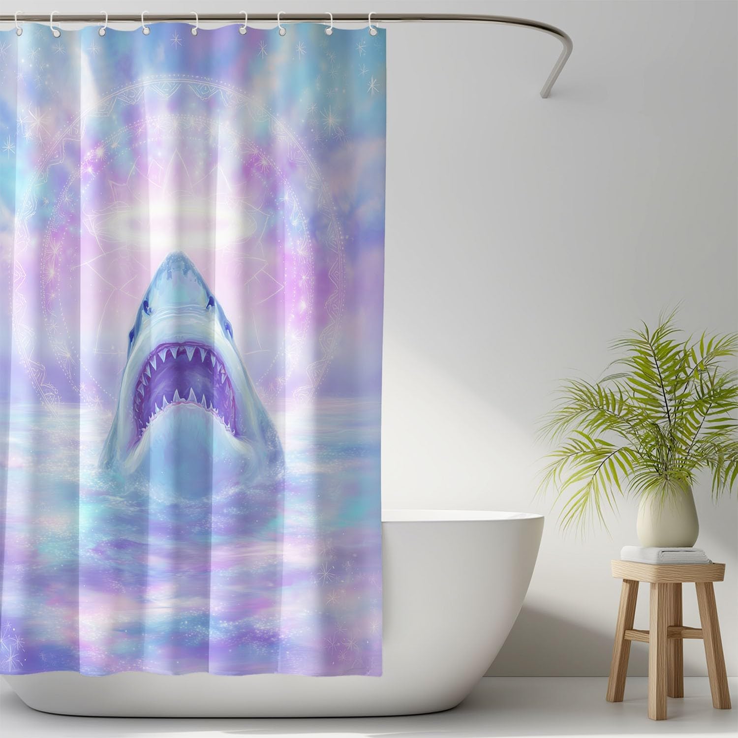Generico Zasłona prysznicowa 3D Ocean wschodzący rekin aureola dla miłośnika zwierząt, fantastyczna róża, 200 x 200 cm wodoodporna zasłona łazienkowa z mikrofibry, odporna na pleśń, zmywalna, z