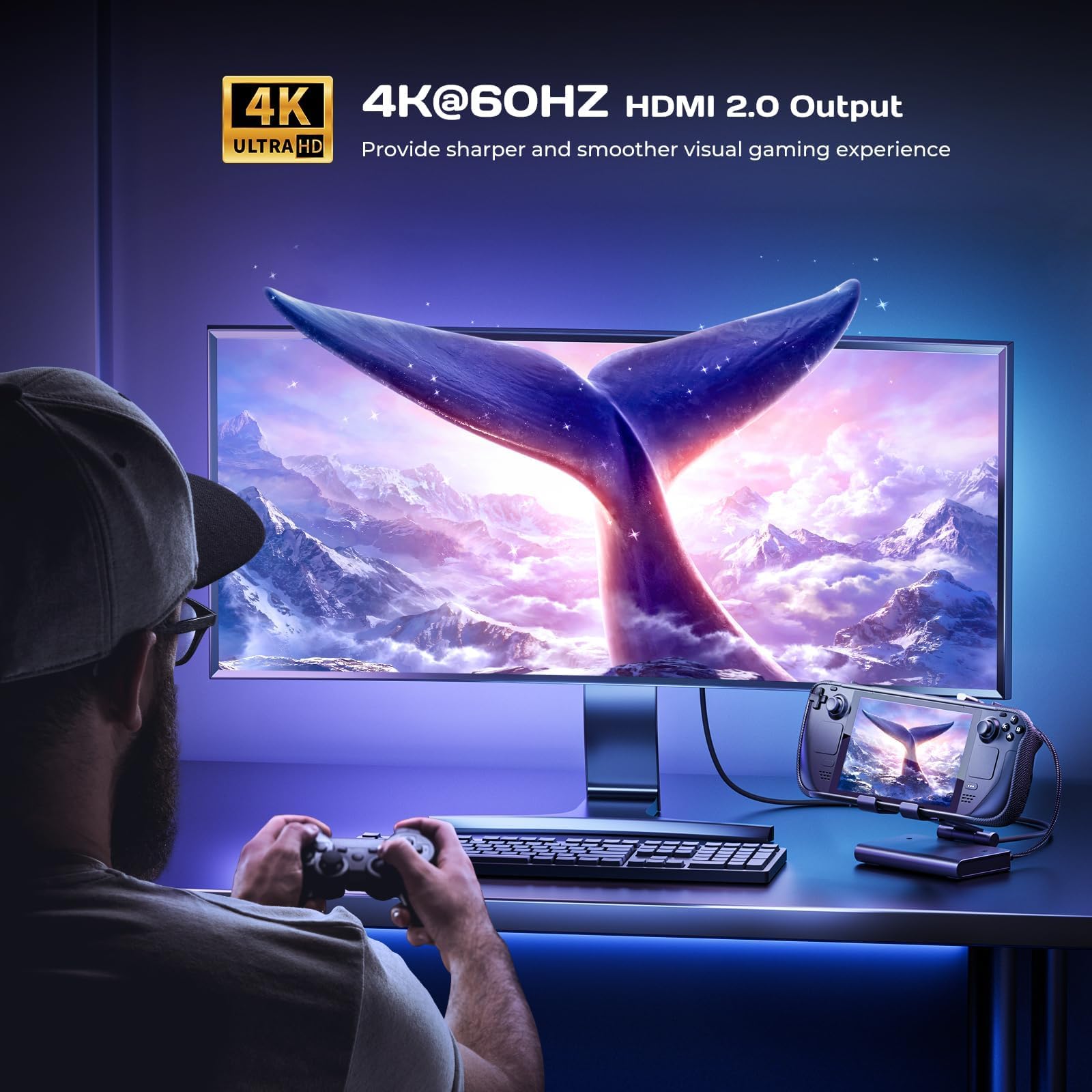 Docking station Steam Deck Dock: supporto regolabile 6 in 1 Hub Stream Deck Accessori con HDMI 2.0 4K @ 60Hz TV/1Gb Ethernet/3* USB-A 3.0/PD 3.0 Ricarica rapida per Steam, iPad, altri smartphone nero