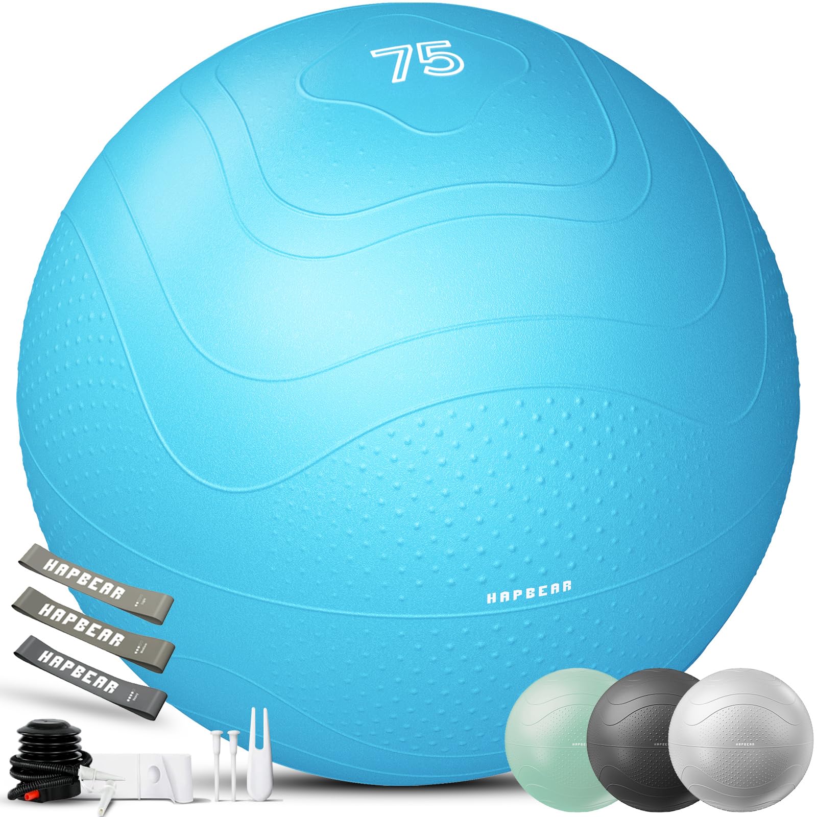 HAPBEAR Gymnastikball & Sitzball (55/65/75 cm) – Anti-Burst, rutschfest Mit Massage-Noppen, Extra Dickes PVC, Bis 200 Kg – Komplettset Mit Fußpumpe & 3 Widerstandsbändern für Fitness, Büro & Yoga