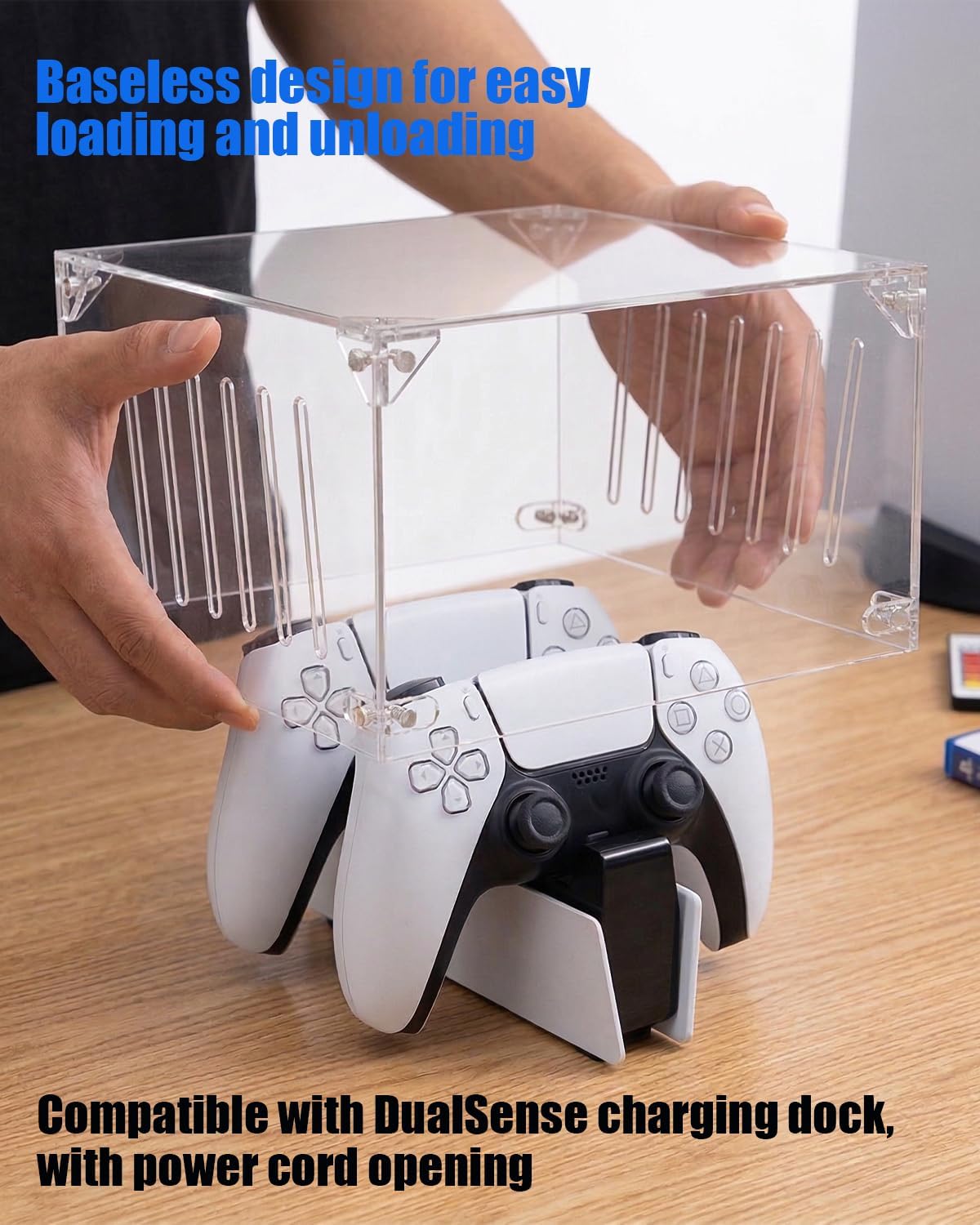 Acrylic Dust Cover Compatible with PS5 Controller Charging Dock | Clear 5-sided acrylic cover fits two controllers on a charging dock; 14 vents, cable access, tool-free assembly.