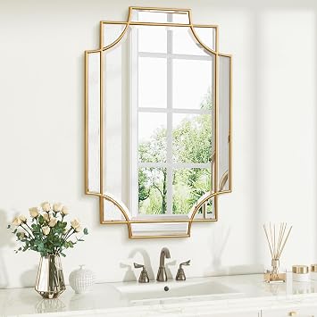 Gold Bathroom Mirror for Wall, 24"x36" Rectangle Vanity Mirror, Polished Beveled Modern Decorative Mirror for Entryway, Living Room, Bedroom Horizontal/Vertical