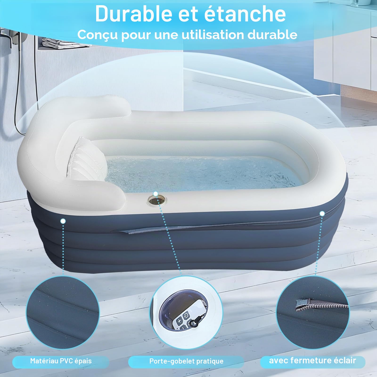 Baignoire portable pour adultes avec matelas de massage à air, baignoire spa avec éclairage LED romantique, oreiller/appui-tête/accoudoirs (pompe à air incluse)