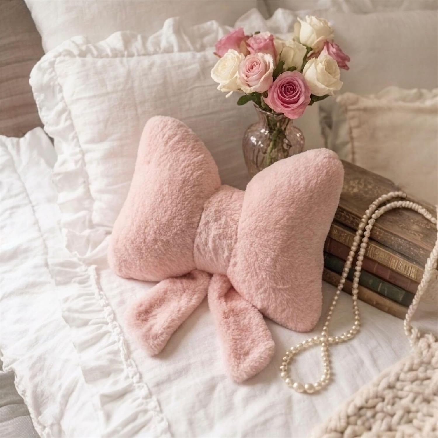 Pink Bow Pillow - Aesthetic Coquette Bowknot Decorative Pillow for Bedroom, Cute Velvet Ribbon Knot Cushion for Girls Room Decor, Large 16x13in Soft Plush Throw Pillow for Bed or Sofa