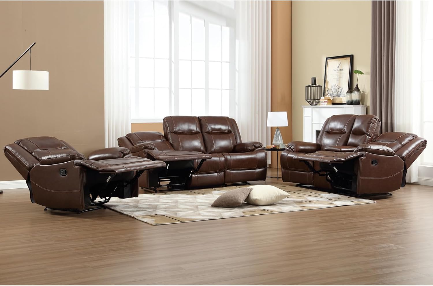 EBELLO Genuine Leather Manual Recliner Sofa Set, Recliner Chair, Loveseat Reclining Sofa and 3 Seat Sofa, Couch Furniture Set for Living Room, Meeting Room, Brown