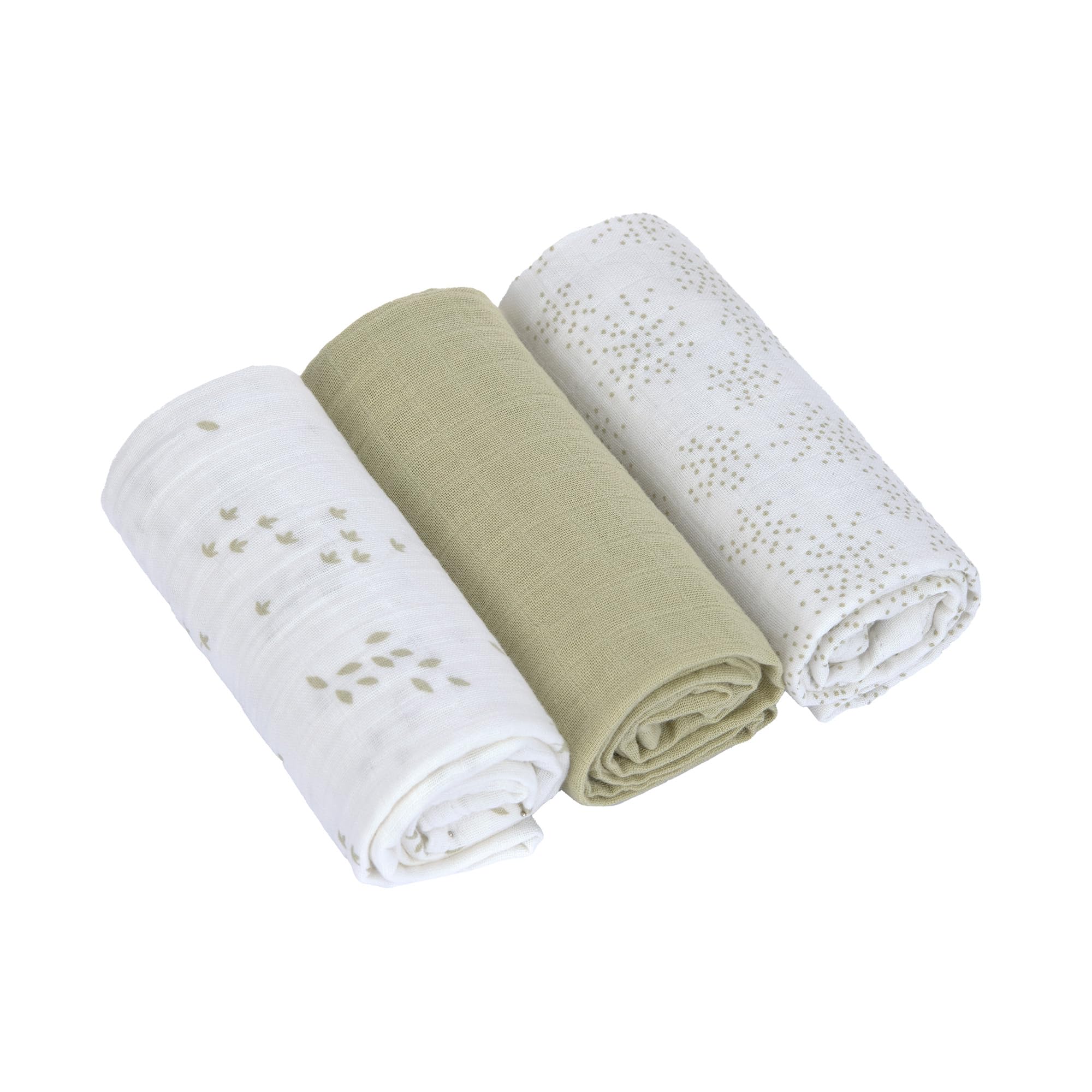 LÄSSIG Set of 3 Baby Blanket 60 x 60 cm Cotton Swaddle & Burp Blanket M Leave Olive/Milky