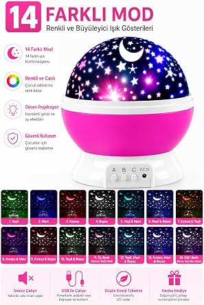 Star Master Gece Lambası Yıldız Projektörü Renkli LED Ay ve Yıldız Projeksiyon Lambası USB ve Pilli Çocuk Odası Gece Işığı (Pembe) [Enerji Sınıfı G]
