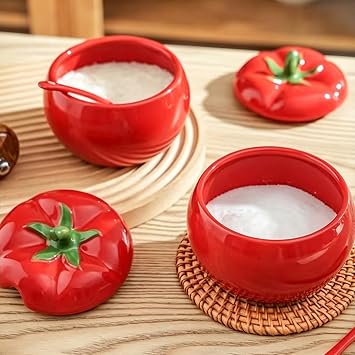 Ceramic Salt Cellar with Lid and Spoon, 14.2oz Cute Tomato Shaped Spice Jar for Sugar, Salt, Spice, Decorative Spice Container for Kitchen (Tomato)