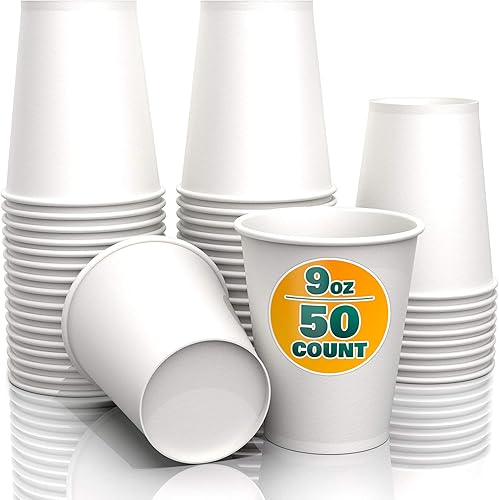 Miniatura 1 de Paquete de 50 vasos de papel de 9 onzas, tazas de café desechables blancas, duraderas y resistentes al calor, diseño a prueba de fugas para café,