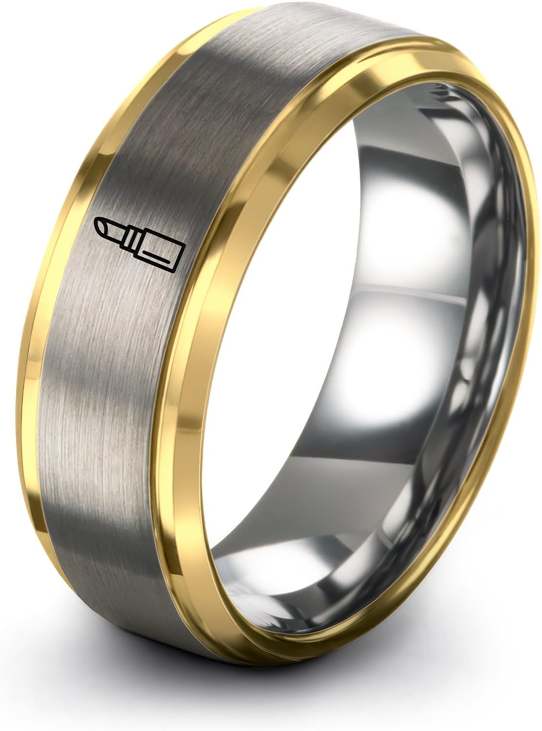 Gift for Makeup Fan - Lipstick Ring - Band - Yellow Rose Gold Silver - 8mm - Brushed Polished - Personalized Custom Engraving - Anniversary Wedding - Flat Dome Bevel - Men Women - Tungsten Carbide