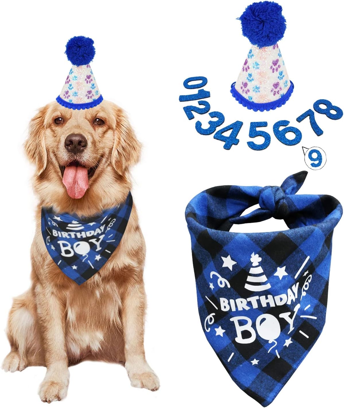 VEOACHANG Boy Dog Birthday Bandana with Hat and Number，Dog Birthday Party Supplies，Plaid Cute Dog Bandana for Large, Medium and Small…