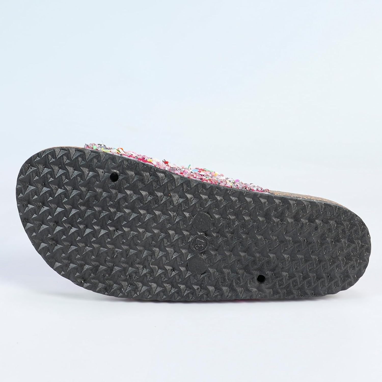 2025 New Shiny Cork Women's Sandals Double Belt Household Flat Slippers Shiny Diamond Button Soft Shoes