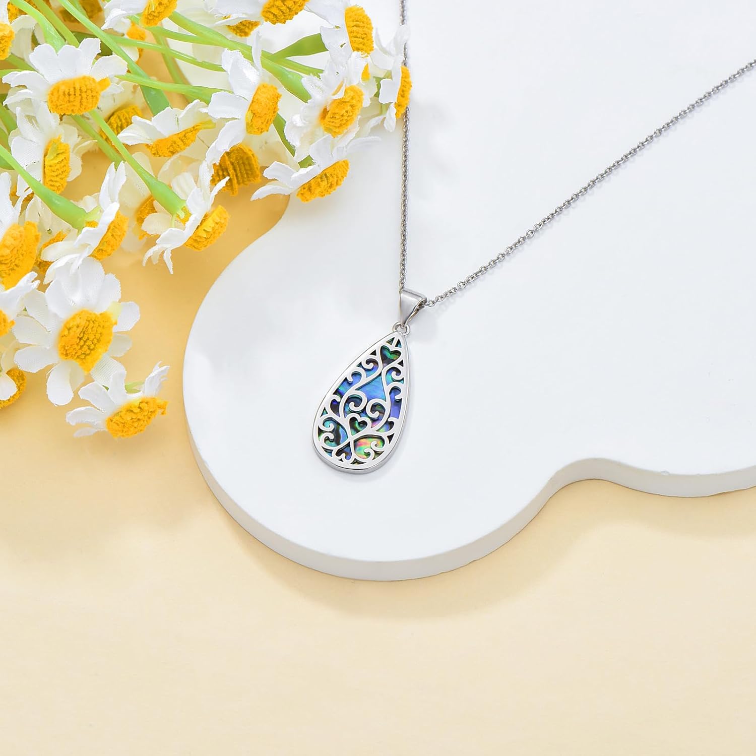 Filigree Pendant Necklace Teardrop Filigree Necklace Sterling Silver Abalone Filigree Necklace Abalone Shell Jewelry Christmas Birthday Gifts for Women Wife