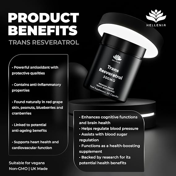 Trans Resveratrol 500mg Capsules | Pure Trans Resveratrol Supplements 500mg | Suitable for Vegans | Premium Grade | GMP Certified | Made in the UK by Hellenia
