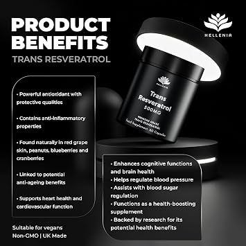 Trans Resveratrol 500mg Capsules | Pure Trans Resveratrol Supplements 500mg | Suitable for Vegans | Premium Grade | GMP Certified | Made in the UK by Hellenia