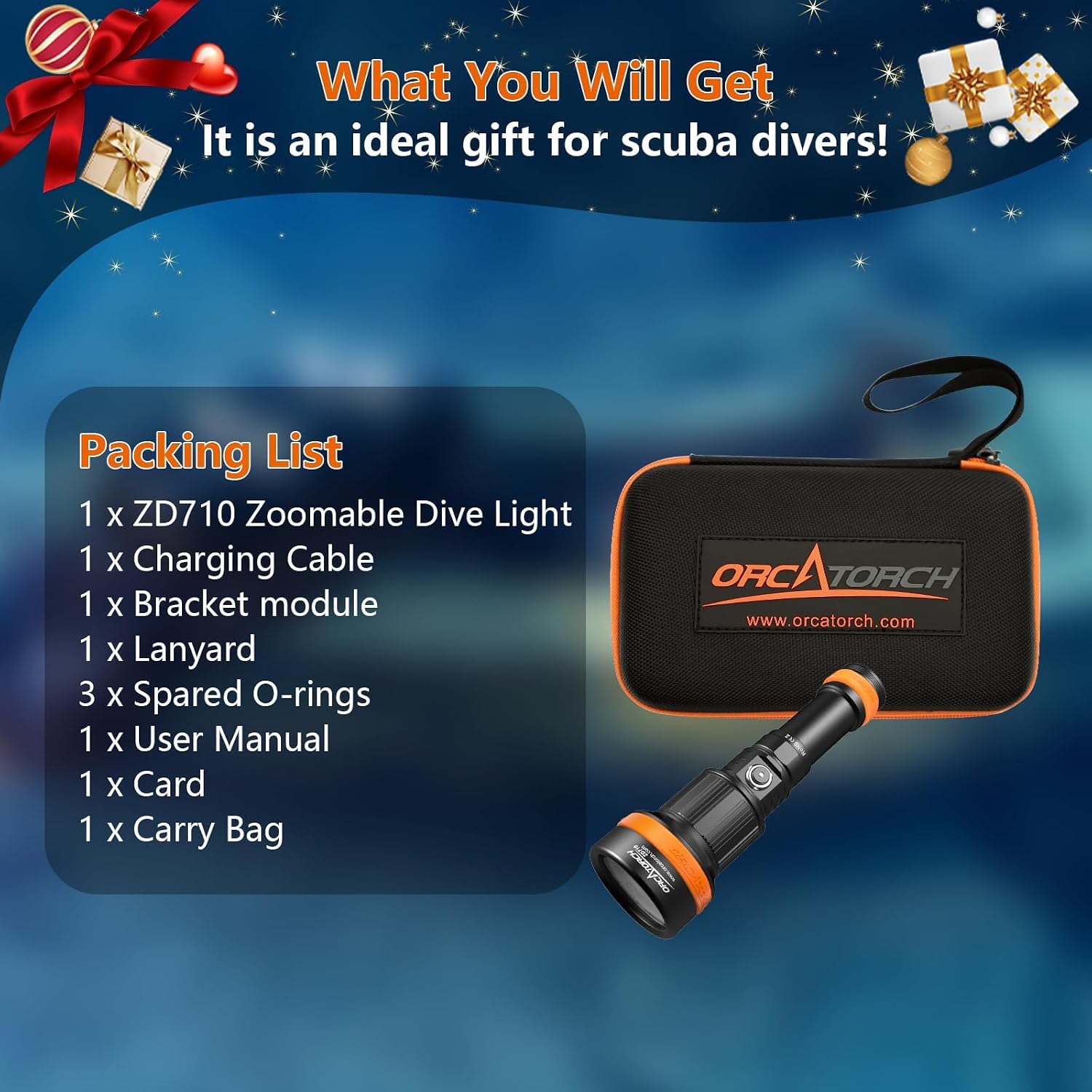 ORCATORCH ZD710 MK2 Zoomable Scuba Dive Light, Spot & Flood Beam | 4°–72° Adjustable Beam, 4 Modes (Turbo/High/Med/Low), 920m Long Range Beam, IP68 Waterproof, for Night Diving & Cave Diving