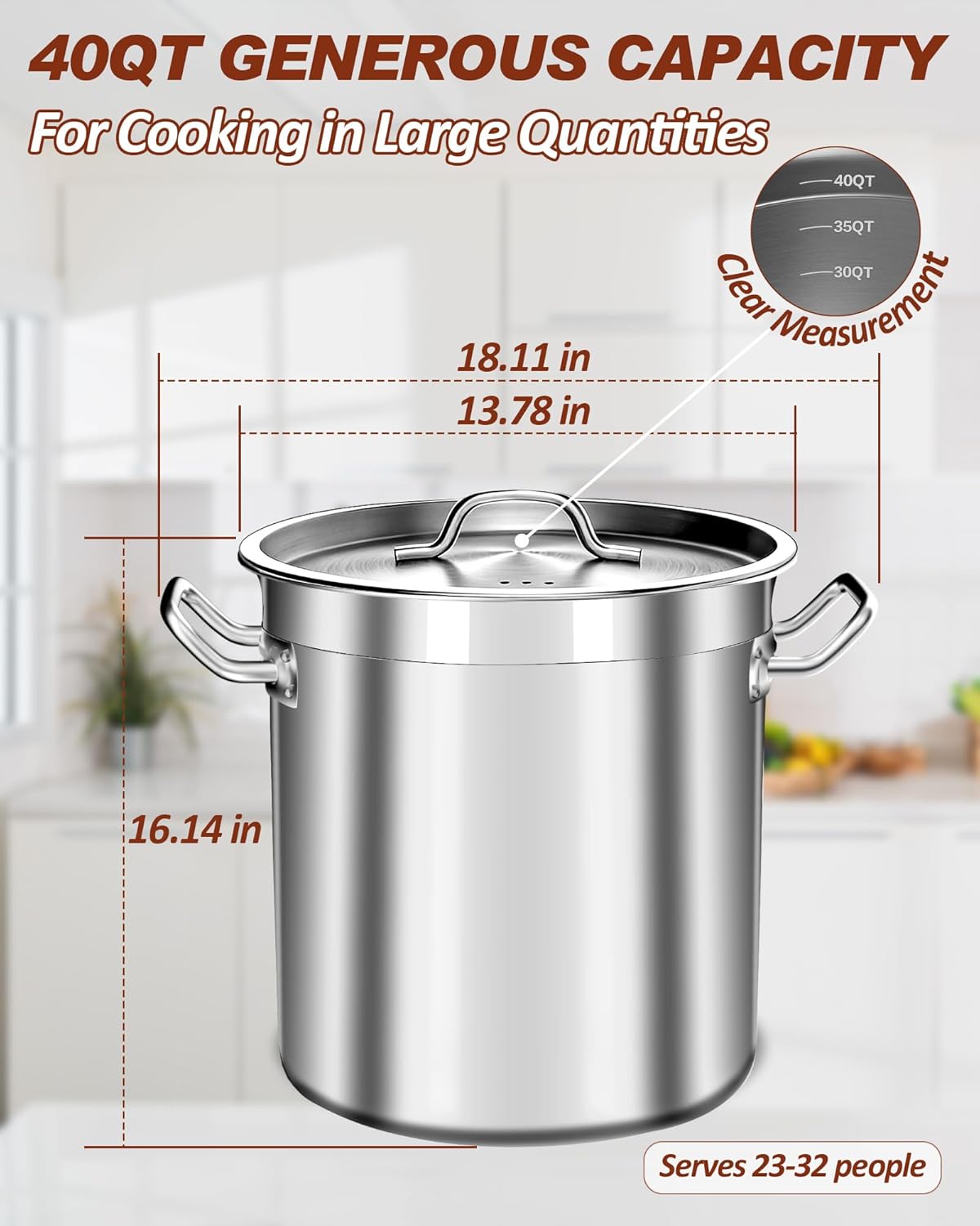 Large Stock Pot with Lid - 40 Quart Stainless Steel Cookware, 10 Gallon Heavy Duty Soup Pot, Big Pots for Cooking, Compatible Induction & Oven