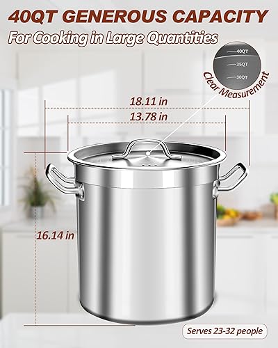 Miniatura 7 de Olla Grande con Tapa - Utensilios de Cocina de Acero Inoxidable de 40 Cuartos, Olla para Sopa de Servicio Pesado de 10 Galones, Ollas Grandes para