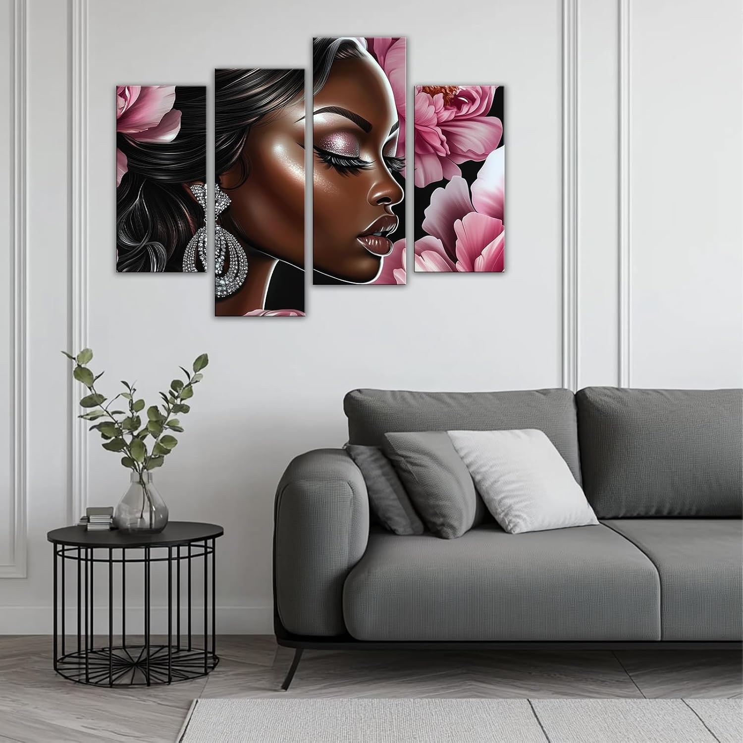 GLOKAKA 4 Pieces African American Canvas Wall Art Black Woman with Pink Roses Pictures Print Elegant Girl Painting for Bedroom Living Room Home Decor(Artwork-1,8x12inchx2 8x20inchx2)
