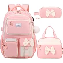 Bevalsa Backpack for Girls, Cute Bow School Bags with Lunch Bag & Pen Case