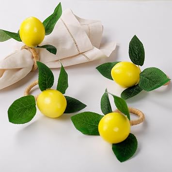wonlex Handmade Napkin Rings Set of 4, Yellow Faux Lemon with Vine Napkin Ring for Wedding, Dinner Party, Banquet, Serviette for Christmas, Thanksgiving Day, Birthday Lemon