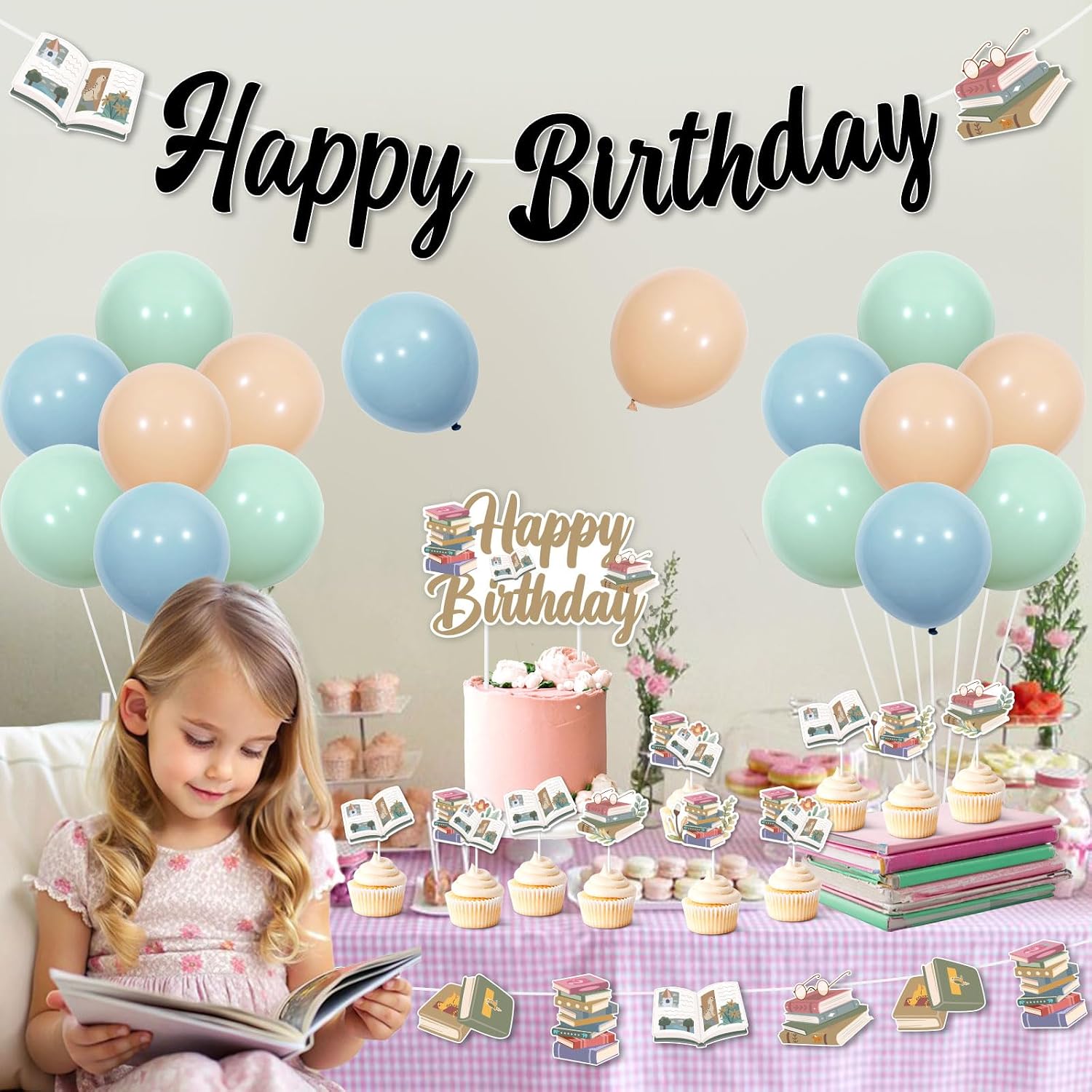 Storybook Theme Birthday Decorations, Book Happy Birthday Banner Cake Cupcake Topper Storybook Sign Latex Balloons, Library Reading Book Club Bday Back to School Party Decor Supplies