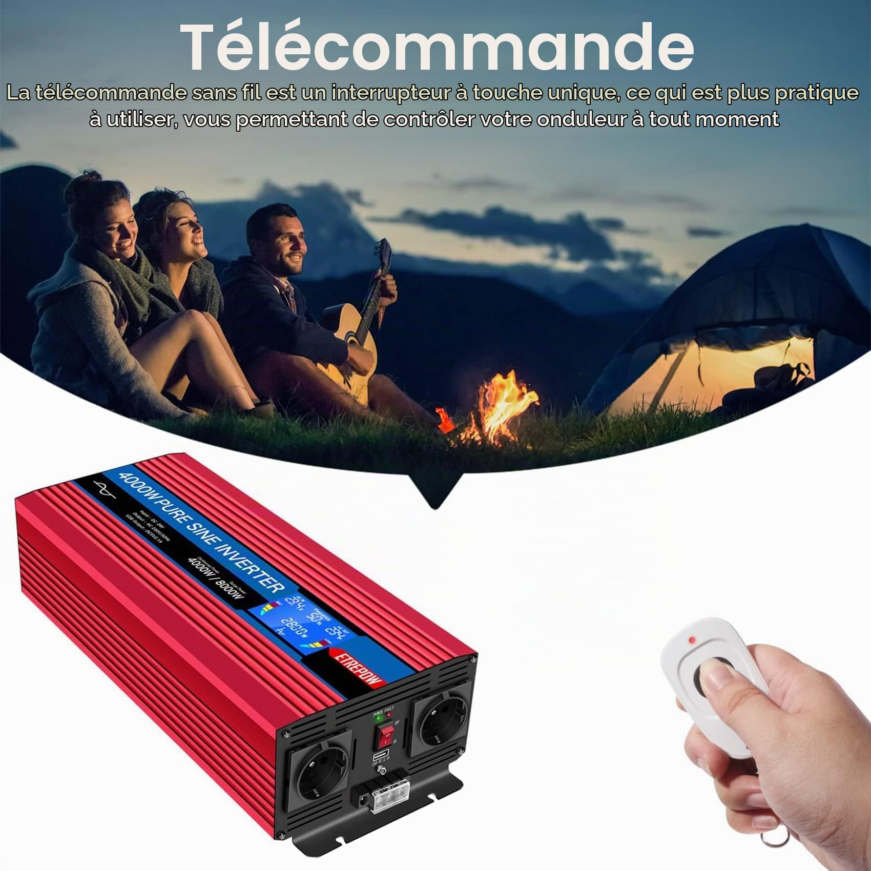 4000W convertisseur 24v 220v Pur Sinus transformateur | 2 Prises EU AC et USB, télécommande sans Fil et écran LCD Onduleur pour Les systèmes Solaire, Voiture, Camping, Voyage