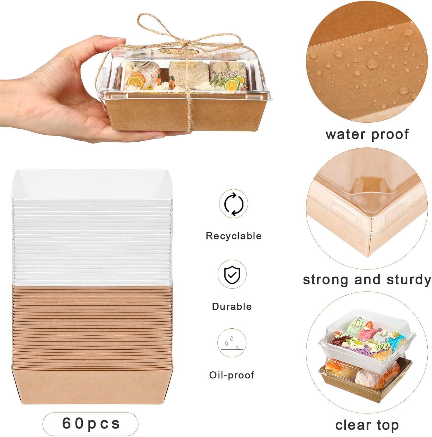 Sieral 60 Pack Small Charcuterie Boxes with Clear Lids Mini Food Containers Disposable Charcuterie Boxes with Thank You Stickers for Thanksgiving Christmas(Brown, White)