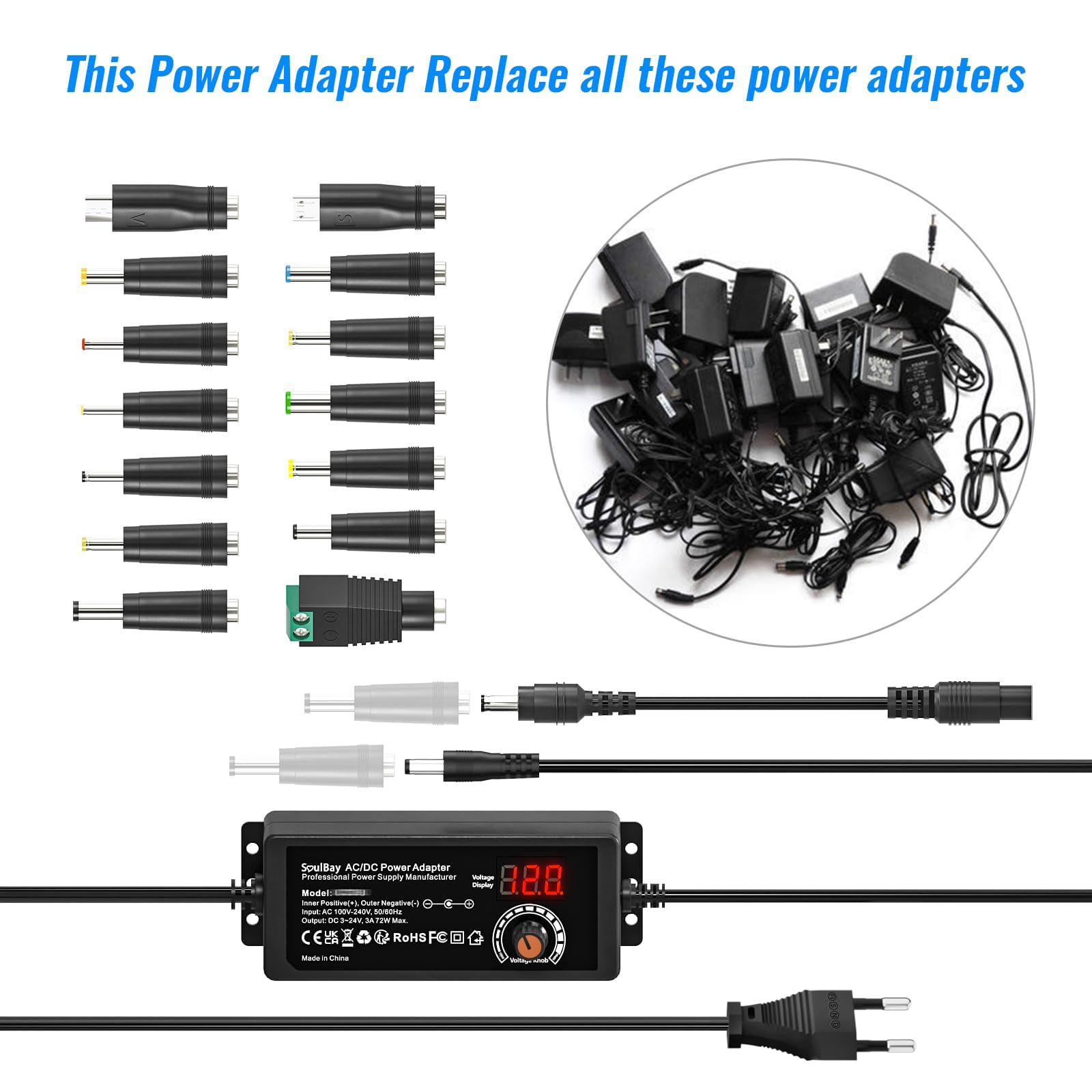SoulBay 24V Chargeur Universelle, 72W AC/DC Adaptateur Alimentation Transformateur avec 14 Embouts DC et Câble de Polarité Inversée pour Caméra électronique Domestique – 3000 mA Max.