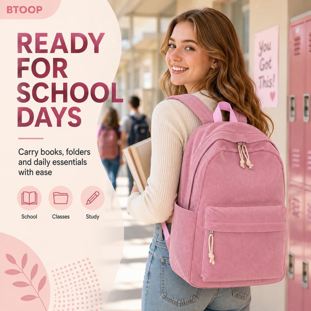 BTOOP School Backpack for Teens Large Corduroy Bookbag Lightweight 15.6 inch Laptop Bag for Girls Women Casual High School College
