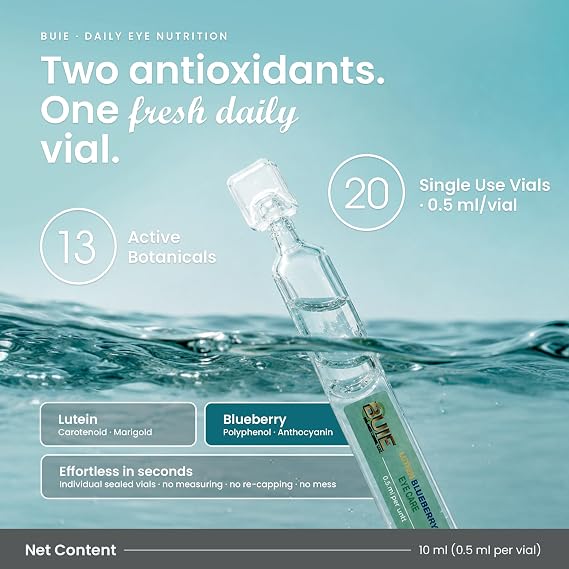BUIE Lutein Blueberry Botanical Eye Care With Lutein, Blueberry & Botanical Extracts 20 Single-Use Vials (0.5ml Each, 10ml Total)