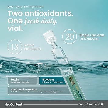 BUIE Lutein Blueberry Botanical Eye Care With Lutein, Blueberry & Botanical Extracts 20 Single-Use Vials (0.5ml Each, 10ml Total)