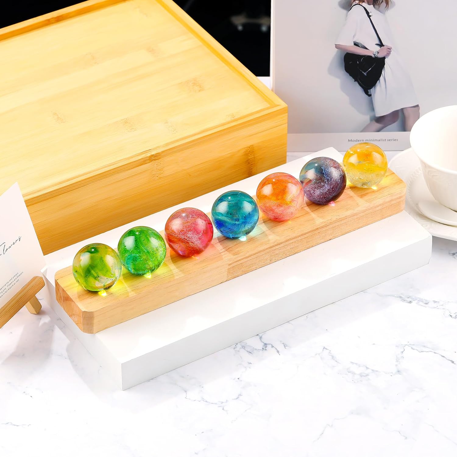 7 Pcs 40mm Colorful Crystal Glass Chakra Balls Set Decorative Natural Spheres with LED Wooden Base Night Light Decor for Home Wedding, Party Positive Energy Gifts