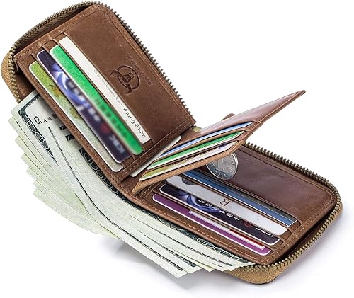 Miniatura 3 de BULLCAPTAIN Cartera de cuero genuino con cremallera para hombre bloqueo RFID cremallera segura y plegable alrededor de carteras cartera con