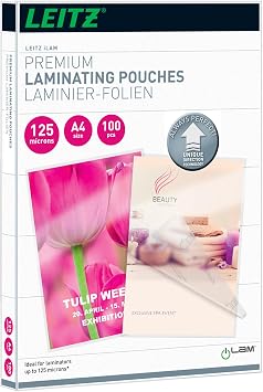 Leitz 74810000 Laminating Pouches Made of 125 Micron Thick Material Transparent, Glossy, A4 and UDT, Pack of 100