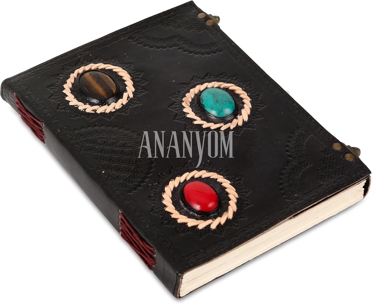 Handmade Leather Journal, Black, 3 Stone Hand Embossed Design, Genuine Leather Notebook Diary Sketchbook with Two Brass Clasp Lock, Journal for Men & Women, Office Journal Handmade Unruled 200