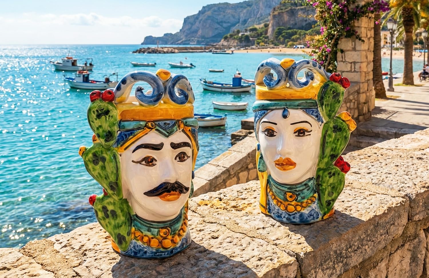 ILAB Par de cabezas de moro de cerámica siciliana de Caltagirone fabricadas y decoradas a mano por los ceramistas de Caltagirone, altura 15 cm, modelo Ficodindia, adornos de cerámica