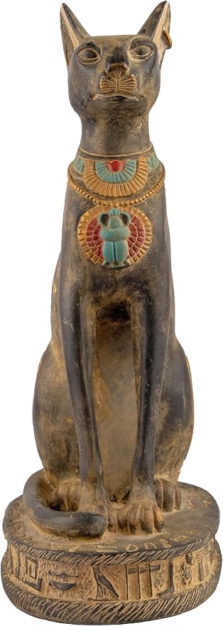 Handcrafted Egyptian Bastet Cat Statue with Scarab – Black Stone Altar Sculpture