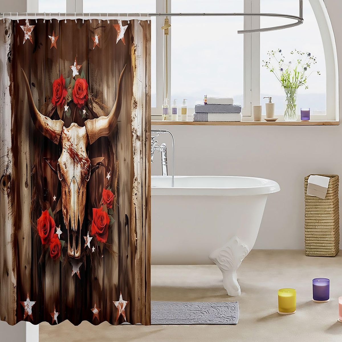 jejeloiu Cow Skull Shower Curtains Western Bathroom Curtain for Kids Women Men Wild West Rose Bathroom Accessories Waterproof Polyester Fabric for Stalls Bathtubs 72"x72" image 3