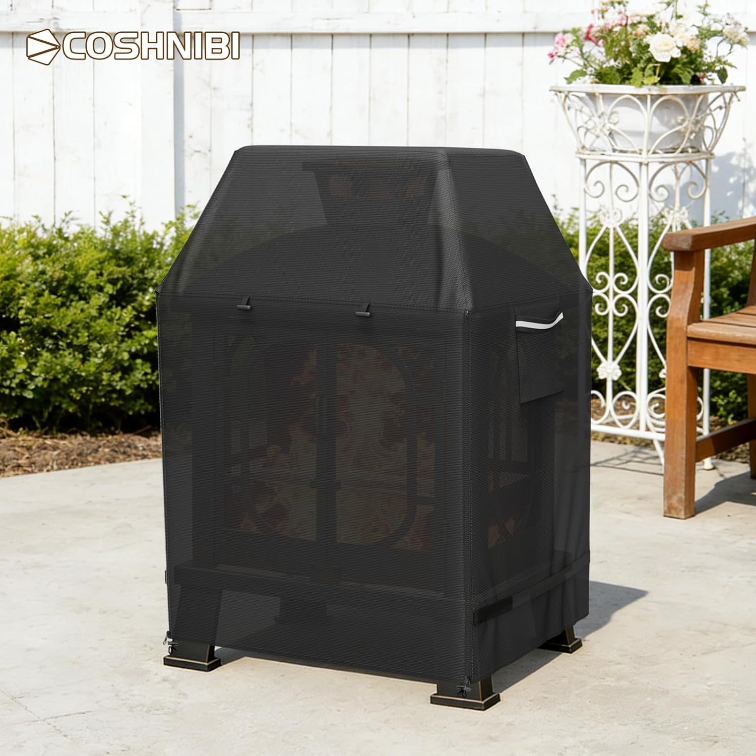 COSHNIBI Outdoor Fireplace Cover,Heavy Duty Waterproof Square Chimineas Fireplace Covers,Cover for Panovue Chiminea Fire Pits,32”L x 24”W x 45”H,Black