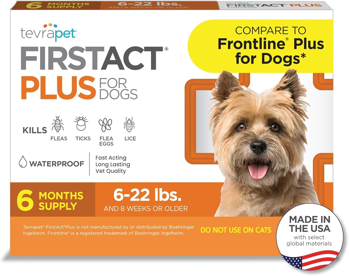 Tratamiento contra pulgas FirstAct Plus para perros, perros pequeños de 5 a 22 libras, 6 dosis, los mismos ingredientes activos que Frontline Plus Prevención de pulgas y garrapatas para perros