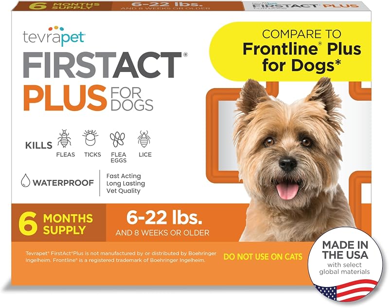 Tratamiento contra pulgas FirstAct Plus para perros, perros pequeños de 5 a 22 libras, 6 dosis, los mismos ingredientes activos que Frontline Plus Prevención de pulgas y garrapatas para perros