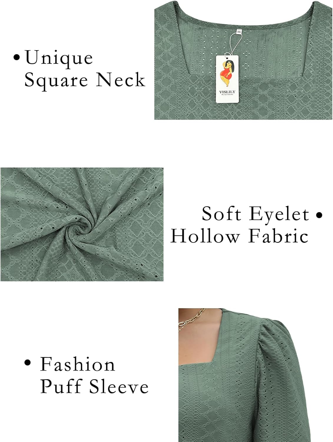 VISLILY Womens-Plus-Size-Summer-Tops Square Neck T Shirts Puff Short Sleeve Blouses Eyelet Tunics XL-5XL - Image 3