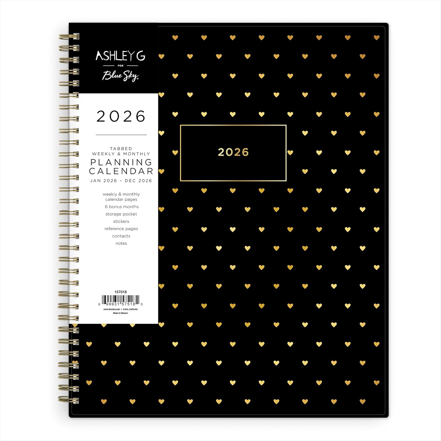 Blue Sky Ashley G 2026 Weekly and Monthly Planner Calendar, January 2026 - December 2026, 8.5" x 11", Flexible Cover, Durable Twin Wire Binding, Laminated Tabs, Pocket & Stickers, Sweetheart Black