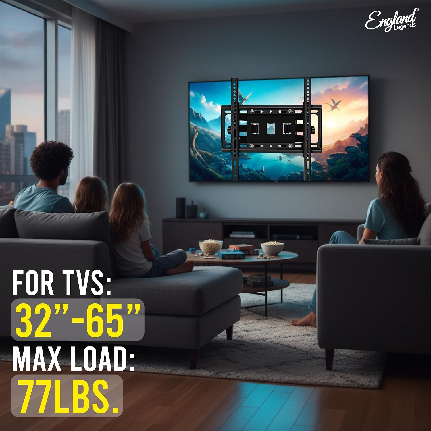 Full Motion TV Wall Mount for 32–65 inch TVs, Dual-arm Heavy‑Duty Steel Bracket, VESA 600×400, tilt ±15°, Swivel ±65°, Home Theater, Office use